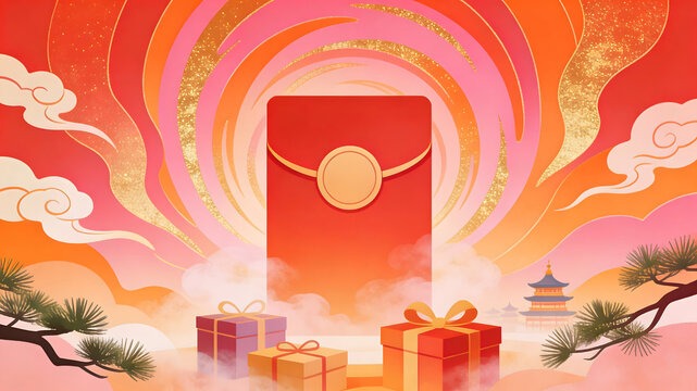 Giant red envelope surrounded by auspicious clouds and gift boxes