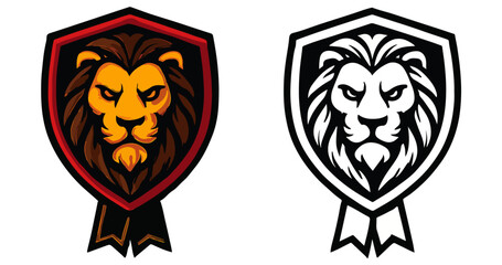 Obraz premium Powerful Lion Head Shield Emblem Mascot and Line Art