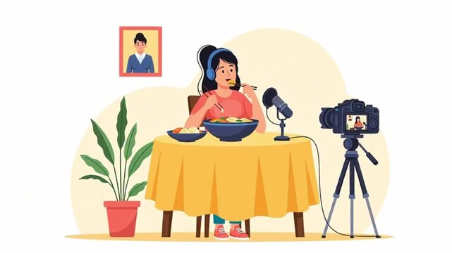 Female Content Creator Recording Mukbang Video with Camera and Microphone