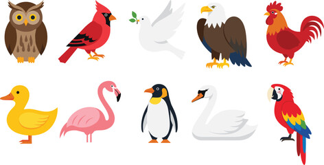 Colorful cartoon bird icon set featuring owl, cardinal, dove, eagle, rooster, duck, flamingo, penguin, swan and parrot © MdRazaul