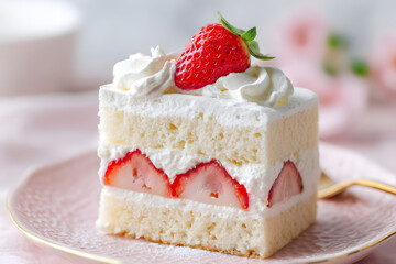 Delicious Slice of Japanese Style Strawberry Shortcake with Fresh Strawberries and Whipped Cream