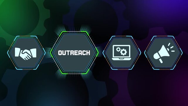 Global business outreach and marketing communication concept with digital technology icons and abstract blue background for networking.