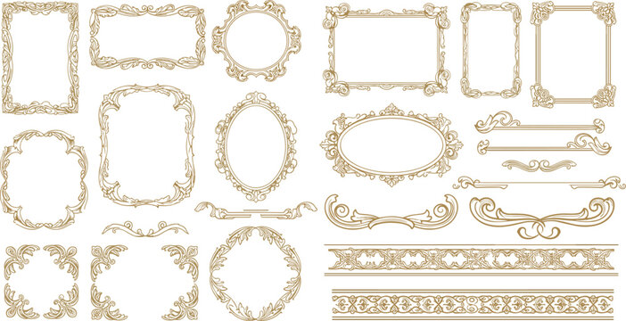 Elegant vintage ornamental frames and borders collection in gold line art style for luxury design projects branding invitations decor templates