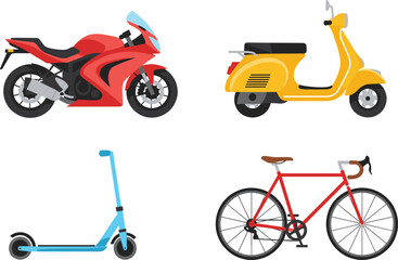 Fototapeta premium Set of urban transportation vehicles including sport motorcycle, scooter, electric kick scooter, and classic road bicycle illustration