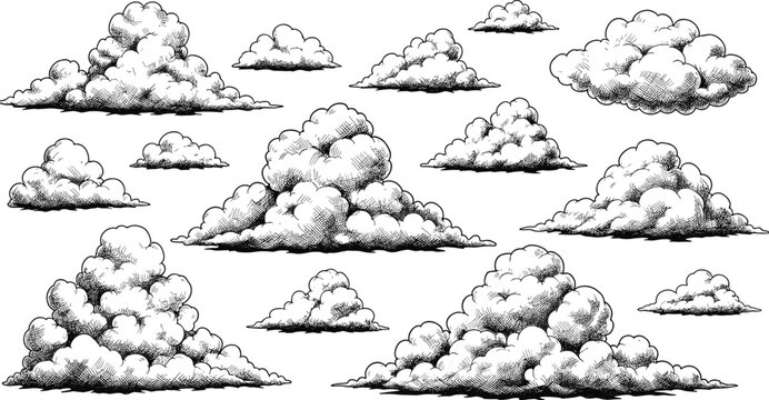 Hand drawn cloud illustrations set with vintage engraving style isolated on white background for weather, sky, and design concepts usage projects