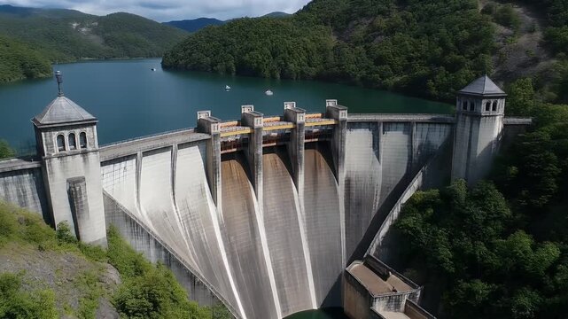 Large concrete dam with turrets on a lake in a mountain area