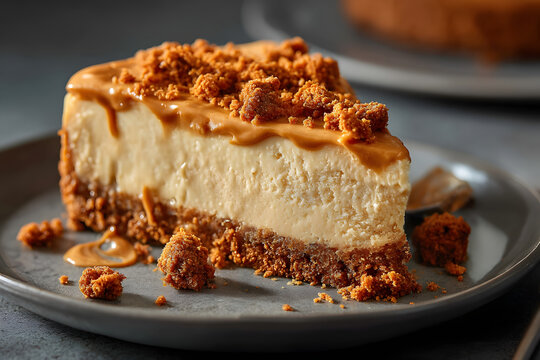 Delicious Slice of Creamy Biscoff Cheesecake with Thick Crust and Toppings for Dessert Lovers