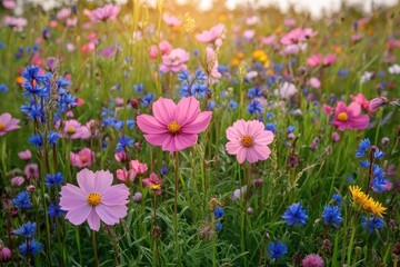 Obraz premium Sunlit wildflower meadow of pink cosmos and bright blue cornflower blooms with yellow flowers and lush green grass, evoking peaceful, joyful summer serenity