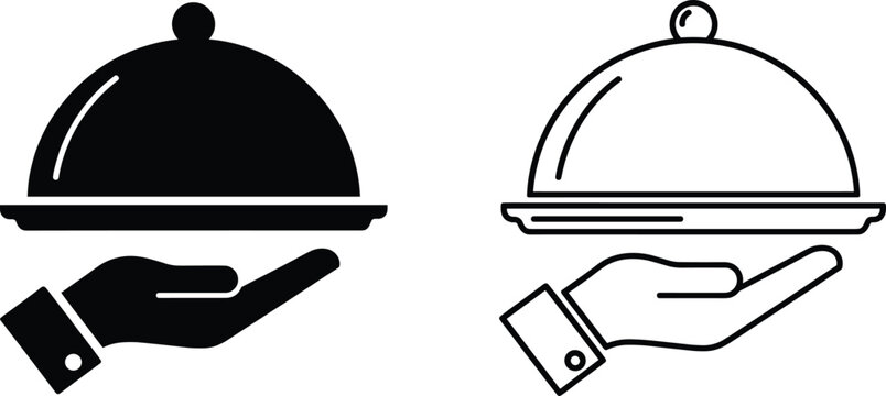 Restaurant service icon showing waiter hand holding covered serving tray cloche in solid and outline styles