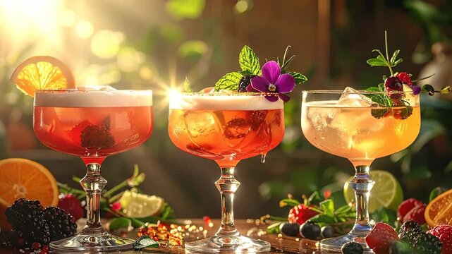 Three refreshing cocktails garnished with fresh fruits and herbs, perfect for summer gatherings.
