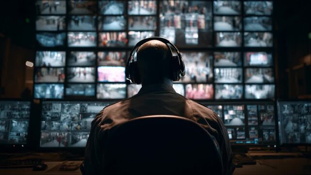 Security Operator Monitoring Surveillance Cameras in High-Tech Control Room