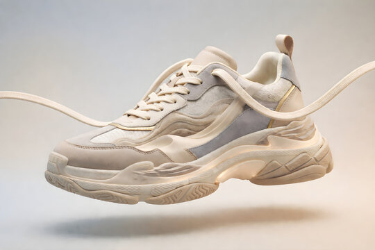 Beige Chunky Sneakers Floating in Minimal Studio Background