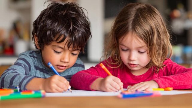 Two young children drawing with colorful crayons at home, creative kids art activity