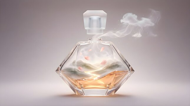 Luxury Perfume Bottle With Surreal Landscape and Soft Smoke