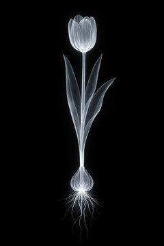 X-ray style tulip plant with roots on black background