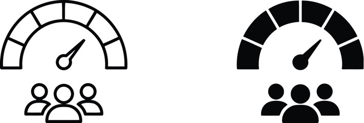 Dashboard performance meter icons with people group, gauge displaying speed, efficiency, measurement, progress, and analytics, abstract illustration