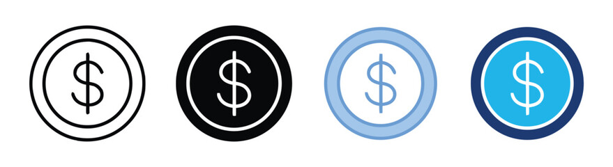 Obraz premium Dollar coin icon with dollar sign inside circle in four styles outline black blue and blue representing currency finance money and wealth in financial concept