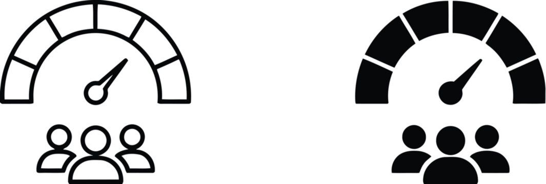 Dashboard performance meter icons with people group, gauge displaying speed, efficiency, measurement, progress, and analytics, abstract illustration