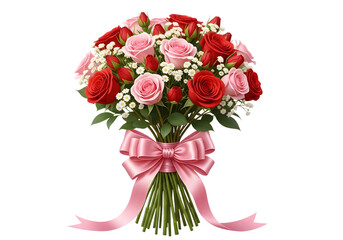 Fototapeta premium Pink and Red Roses Bouquet with Ribbon Isolated on White