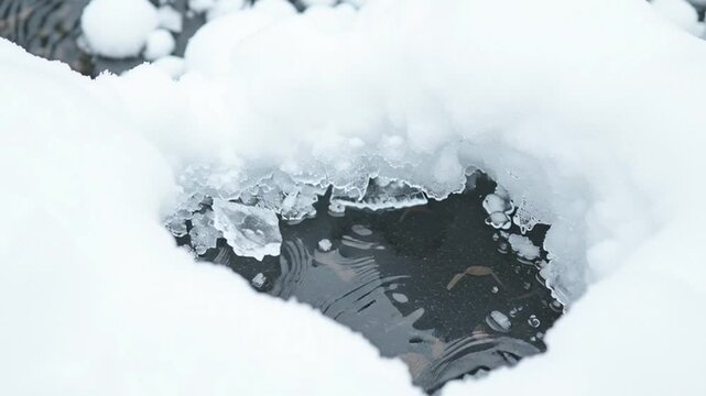 Winter scene: Dark water visible through a hole in fresh white snow and ice, cold natural environment