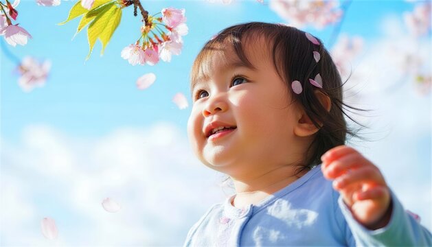 満開の桜を見上げて目を輝かせる可愛らしい女の子のクローズアップ