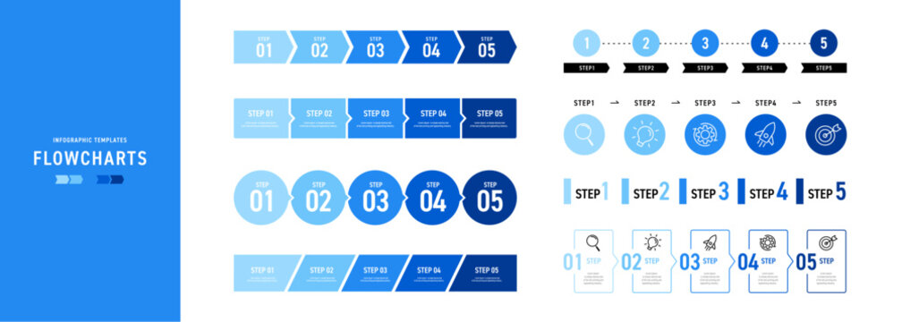 Blue Flowchart Templates, Step by Step Diagram Set, Process and Workflow Icons, Vector