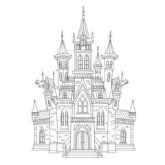 Fototapeta premium A spooky castle drawn in black and white with turrets and gargoyles in the top part