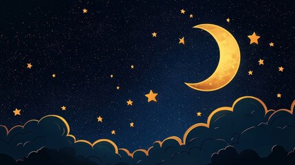 Naklejka premium Pixel Art Night Sky Crescent Moon and Golden Stars Above Dark Teal Clouds