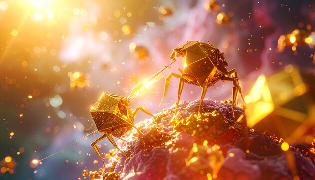 Artistic rendering of bacteriophages attacking a cell with vibrant cosmic background.