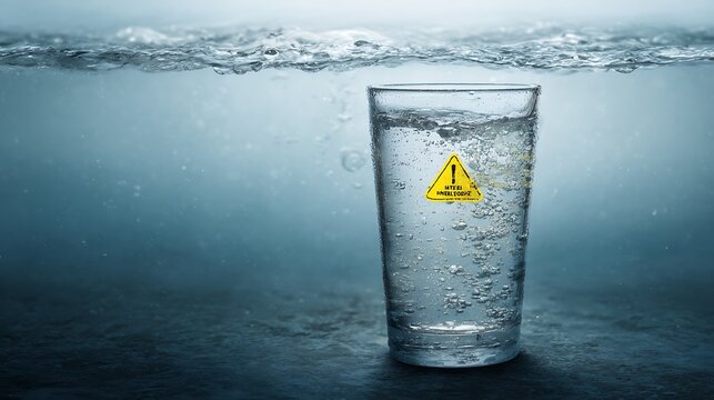 Minimal conceptual image of water safety and contamination risk, glass of water with subtle warning elements