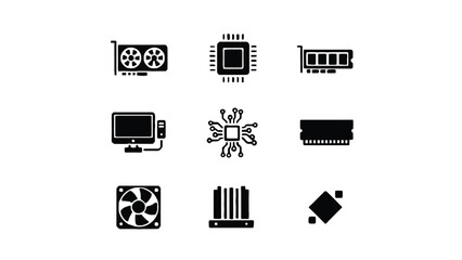 A collection of computer hardware and technology icons on a white background