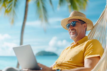 Fototapeta premium Digital nomad enjoying sunny beach while participating in online meeting, showcasing relaxed and happy demeanor