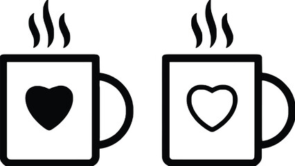 Two steaming coffee mugs with heart designs on a white background