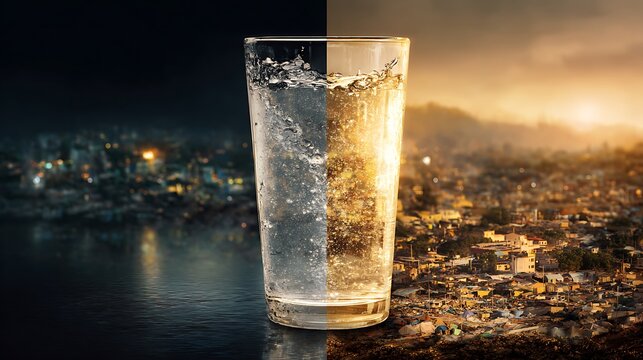 Clean water access concept, pure water glass glowing contrasted with polluted background, NGO campaign visual
