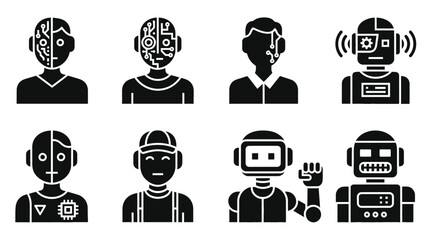 A collection of black and white robot icons with unique designs