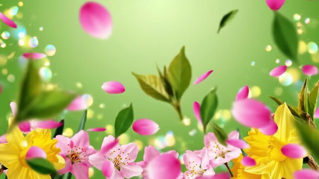Vibrant Spring Blossom Border With Yellow Daffodils And Pink Flowers On Green Gradient Soft Focus Background With Bokeh Lights And Falling Petals