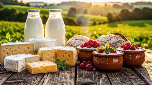 Artisanal Dairy Products And Baked Goods Displayed On Rustic Wooden Table With Green Fields Background At Sunset