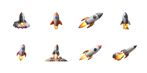 Naklejka premium Collection of eight stylized cartoon rockets featuring various launch and flight poses ready for space travel on transparent background