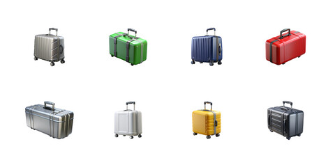 Collection of eight durable hardshell rolling suitcases displayed in various modern colors for travel and business on transparent background