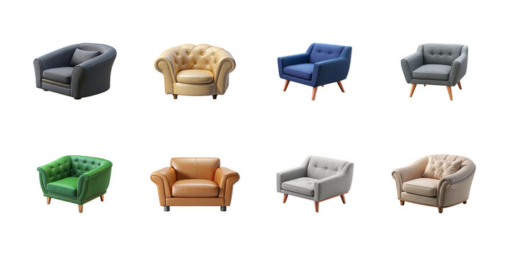 Collection of eight diverse upholstered armchairs showcasing various styles and colors of comfortable modern living room seating on transparent background. on transparent background
