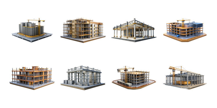 Collection of eight isometric 3d construction site building stages featuring cranes and structural frames on transparent background