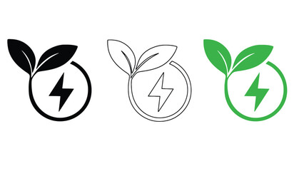 Eco friendly energy logos with lightning bolts and green leaves