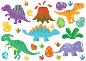 Dinosaurs Set Hand Drawn Illustration, Baby Shower Invitation Card Holiday Element Kids Birthday Jurassic Party. Cartoon Tyrannosaurus Decor Vector © Gaurav