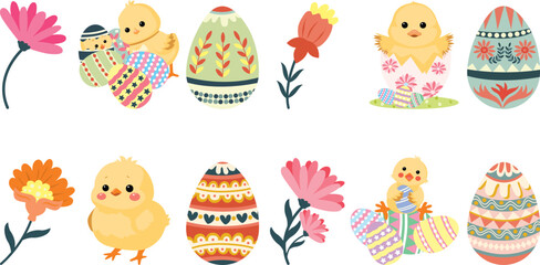 Vector Set of Easter Cute Objects and Elements: Eggs, flowers, Chick, Flowers, Hatching Egg. Hand Drawing Happy Easter Collection. Isolated on White Background © Gaurav