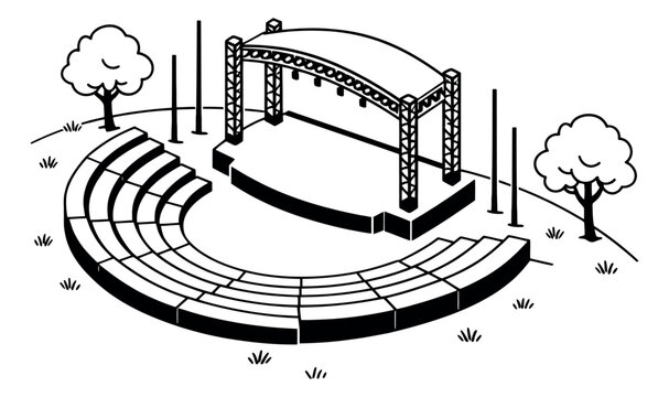Hand drawn isometric line art illustration of an outdoor stage with amphitheater seating depicting a public event venue for concerts