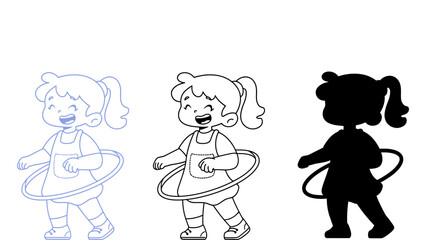Naklejka premium Three cartoon girls playing with hula hoops in different color styles