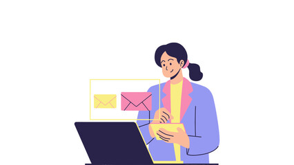 A woman using a laptop and sending emails with a happy expression
