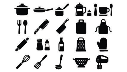 A collection of kitchen utensils and cookware are displayed on a white background.