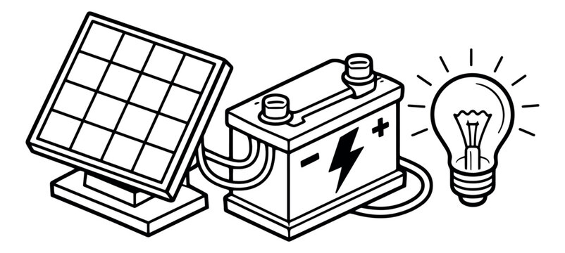 Line art renewable energy set featuring a solar panel, battery, and light bulb for sustainable power systems