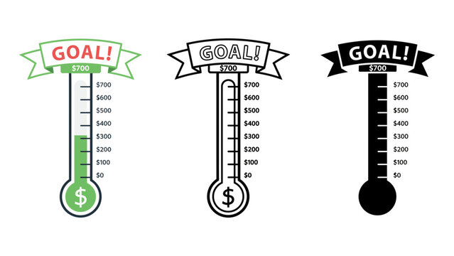 Three goal thermometers with different progress levels on a white background